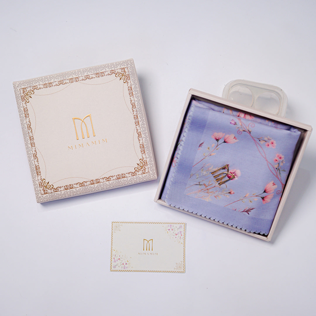 Hampers/Gift Hijab Arsy Purple Motif Embossed | Hijab Plat M Gold Kemasan Box Eksklusif